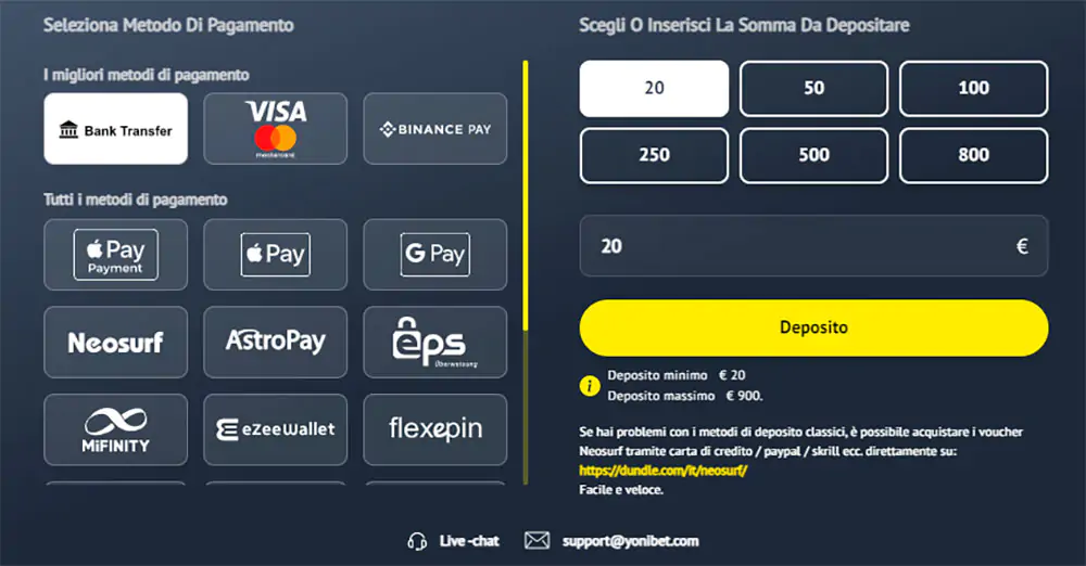 Casinò YoniBet Metodi di pagamento